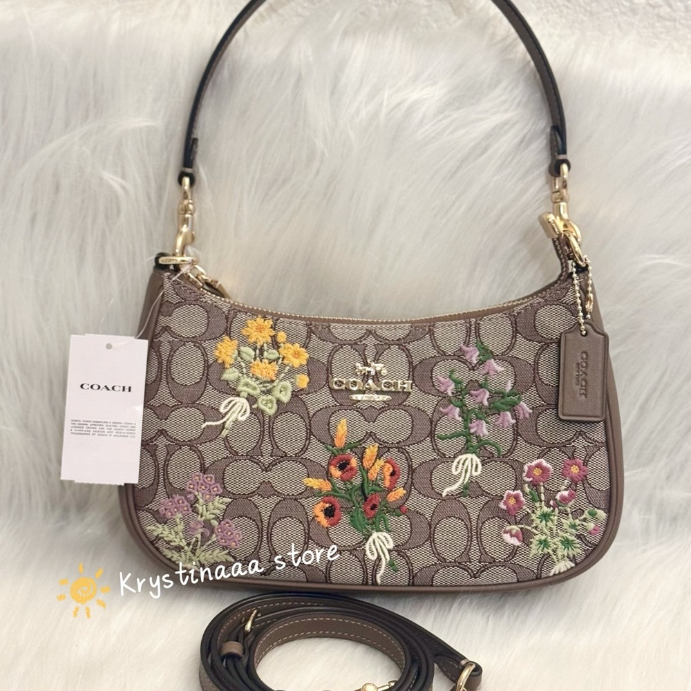 NWT Coach Teri Shoulder Bag In Signature Jacquard With Floral Embroidery CER25